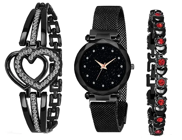 KIARVI GALLERY Women's Branded 12 Diamond Dial Magnet Strap Analog Watch and Present Gift 2 Bracelet Combo of 3, [Black]