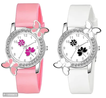 KIARVI GALLERY Analogue Butterfly Flower Design Dial PU Strap Analog Girl's and Women's Watch (Pink,White-Pack of 2)