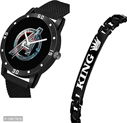 Kiarvi Gallery Analogue Black Avenger Print Dial PU Strap and King Bracelet Combo for Boys and Men's Watches(Combo of 2)-thumb2