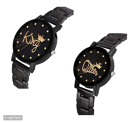 KIROH Analogue King and Queen Dial Men's  Women's Couple Watch (Black Dial Black Colored Strap) (Pack of 2)-thumb2