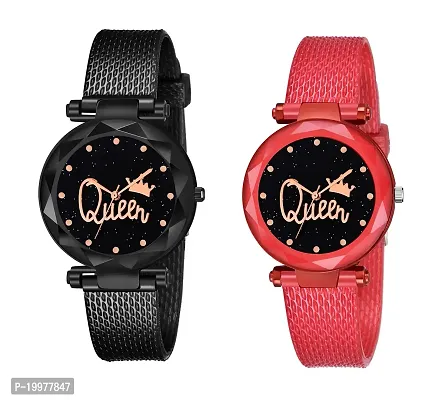 KIARVI GALLERTY Analogue Queen Dial Black and Red Combo PU Strap Analog Watch for Girls and Women (Pack of 2)