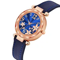 KIARVI GALLERY Analogue Blue Flower Dial Designer Leather Strap Women's and Girl's Watch (Blue)-thumb1