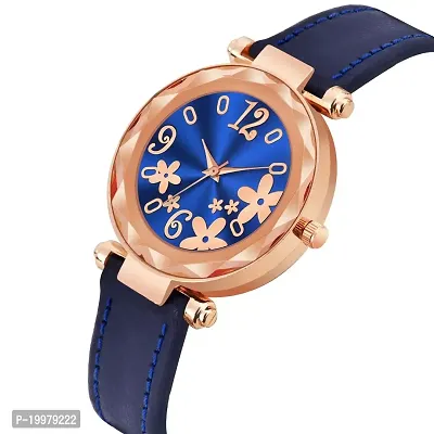 KIARVI GALLERY Analogue Blue Flower Dial Designer Leather Strap Women's and Girl's Watch (Blue)-thumb2