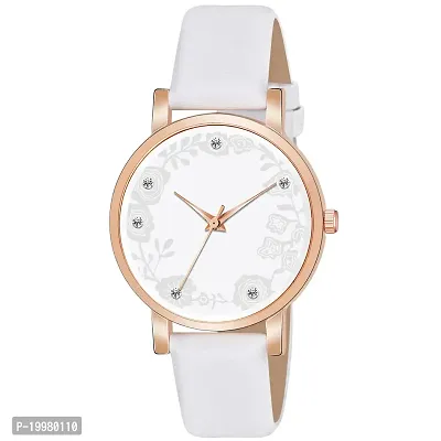 KIARVI GALLERY Analogue Diamond Studded Flower Dial Unique Designer Leather Strap Women's and Girl's Watch (White)