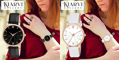 KIARVI GALLERY Analogue Pack of 2 Flower Dial Unique Designer Leather Strap Women's and Girl's Watch (Black -White)-thumb3