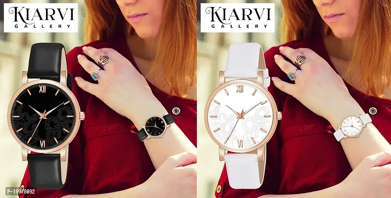 KIARVI GALLERY Analogue Pack of 2 Flower Dial Unique Designer Leather Strap Women's and Girl's Watch (Black -White)-thumb4