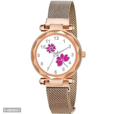 Kiarvi Gallery Analogue Flower Design Dial Magnetic Metal Strap Watch For Girl S And Women-thumb0