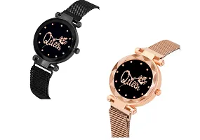 KIARVI GALLERY Clausal Black and Gold Queen Dial with Magnetic Metal Strap Analog Watch and 2 Present Gift Bracelet Set for Girls and Women (Combo of 4) (Black and Gold)-thumb1
