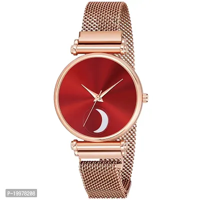 KIARVI GALLERY Analogue Moon Dial Unique Designer Magnetic Metal Strap Watch for Girl's and Women's (Rose Gold- Red)