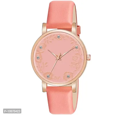 KIARVI GALLERY Analogue Diamond Studded Flower Dial Unique Designer Leather Strap Women's and Girl's Watch (Peach)-thumb0