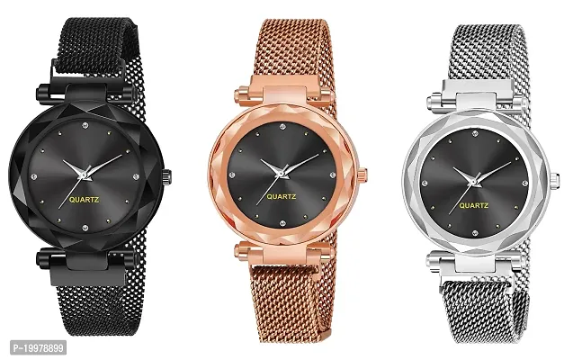 KIARVI GALLERY Analogue Gold Black  Silver Pack of 3 Magnetic Metal Strap Girl's and Women Watch(Black Gold and Silver Pack of 3) (Black -Gold-Silver-4D)