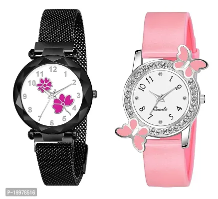 KIARVI GALLERY Analogue Flower Dial Magnetic and White Dial Butterfly Pu Strap Combo Girl's and Women's Watch (Black-Pink-Pink)
