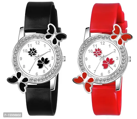 KIARVI GALLERY Analogue Butterfly Flower Design Dial PU Strap Analog Girl's and Women's Watch (Black,Red-Pack of 2)