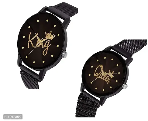 KIARVI GALLERY Causal Lovers Couples Unique Design Magnetic Metal Strap Analog Men's and Women's Watch(Pack of 2) (Black)-thumb2