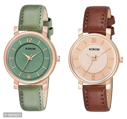 KIARVI GALLERY GreenMaroon 6 to 12 Antique Dial Analogue Stylish Leather Strap Analoge Girls and Woman Combo Watches(Pack of-2,Green-Maroon)-thumb0