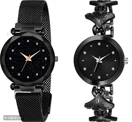 Kiarvi Gallery Black Magnet Buckle Starry Quartz Watch and Fashion Designer Analog Watch Combo Watch- for Girls-thumb0