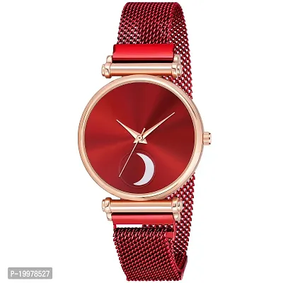 KIARVI GALLERY Analogue Moon Dial Unique Designer Magnetic Metal Strap Watch for Girl's and Women's (Red-Red)-thumb0