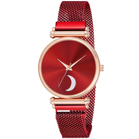 KIARVI GALLERY Analogue Moon Dial Unique Designer Magnetic Metal Strap Watch for Girl's and Women's (Rose Gold-Green)