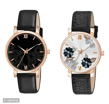 KIARVI GALLERY Analogue Pack of 2 Flower Designer Dial Leather Strap Women's and Girl's Watch (Black)-thumb0