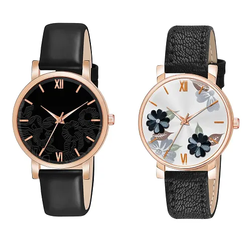 KIARVI GALLERY Analogue Pack of 2 Flower Designer Dial Leather Strap Women's and Girl's Watch (Black)