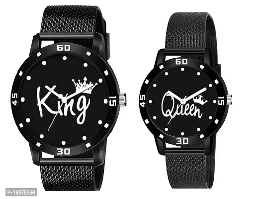 KIARVI GALLERY Analogue Lovers Couple King and Queen Dial PU Strap Men's and Women's Couple Watch(Combo, Pack of 2) (Black-2)