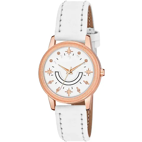 KIARVI GALLERY Analogue Smiley Dial Unique Designer Leather Strap Watch for Girl's and Women's (White)