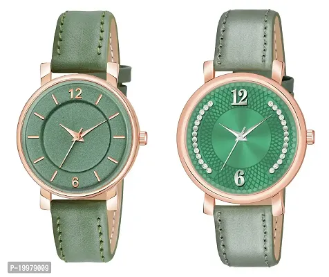 KIROH Analog Round Dial Designer Premium Leather Strap Analog Watch for Girls  Women(GRN-GRN) (Green-Green)