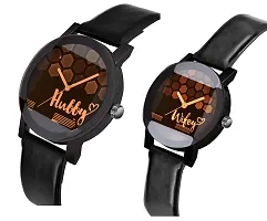 KIROHreg; Hubby and Wifey Printed Dial Leather Strap Analogue Men's  Women's Couple Watch (Pack of 2)-thumb1