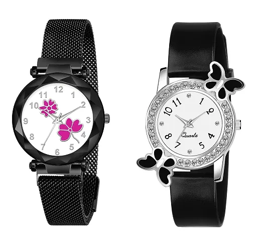 KIARVI GALLERY Analogue Flower Dial Magnetic and White Dial Butterfly Pu Strap Combo Girl's and Women's Watch