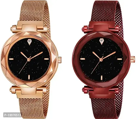 Kiarvi Gallery Black dial and 4 figer with Gold and red Magnetic Buckle Starry Belt Analog Watch Quartz Watch for Women