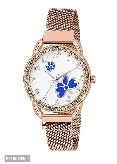 KIARVI GALLERY Casual Analogue Flower Printed Dial Full Diamond Designer Magnetic Metal Strap Analog Girl's and Women's Watch (Rose Gold Colored Strap) (Rose Gold -Blue)