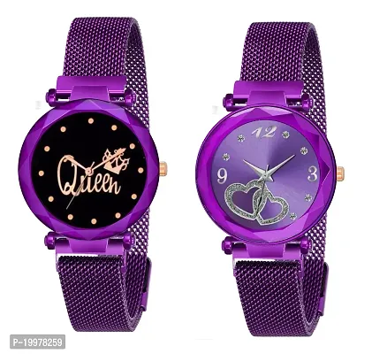 KIARVI GALLERY Purple Queen and Heart Dial Combo Magnetic Strap Analogue Watches for Girl's and Women (Pack of 2) (Silver Colored, Black and Silver Dial)