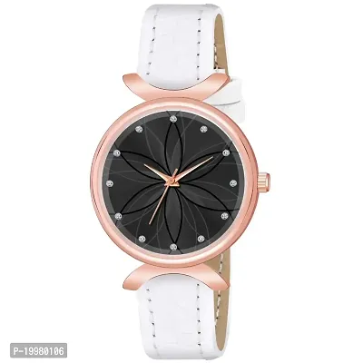 KIARVI GALLERY Analogue Black Full Flower Dial Unique Designer Leather Strap Women's and Girl's Watch (White-Black)