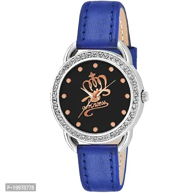 KIARVI GALLERY Analogue Girl's and Women's Watch(Black Silver Princess Dial,Black Leather Strap) (Blue)