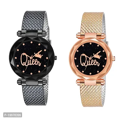 Analogue Queen Dial Pack of 2 Combo PU Strap Analog Watches for Girls and Women (Pack of 2) (Black and Gold)