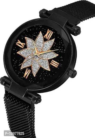 KIARVI GALLERY Black Flower Star Dial Designer with Magnetic Metal Strap Analog Watch for Girl's and Women-thumb2