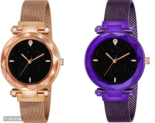 Kiarvi Gallery Black dial and 4 figer with Gold and Purple Magnetic Buckle Starry Belt Analog Watch Quartz Watch for Women-thumb0