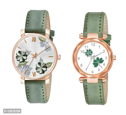 KIARVI GALLERY Analogue Pack of 2 Multicolored Flower Designer Leather Strap Women's and Girl's Watch (Green-F)-thumb0