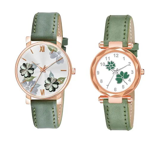 KIARVI GALLERY Analogue Pack of 2 Multicolored Flower Designer Leather Strap Women's and Girl's Watch