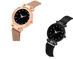 KIROH ? Black and Gold 12 Diamond Dial with Magnetic Metal Strap Women's Analogue Watch (Pack of 2)-thumb1