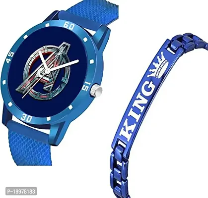 Kiarvi Gallery Analogue Avenger Print Dial PU Strap and King Bracelet Combo for Boys and Men's Watches(Combo of 2) (Blue)-thumb2