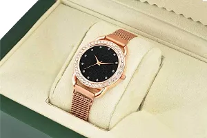 KIARVI GALLERY Clausal 12 Diamond Designer Rose Gold Magnet Strap Analog Watch for Girl's and Women-thumb1