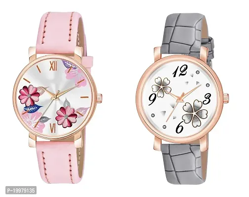 KIARVI GALLERY Analogue Round Dial Dual Flower Premium Leather Strap Watch for Girls and Women (Pack of -2, Grey-Black) (Pink-Grey)