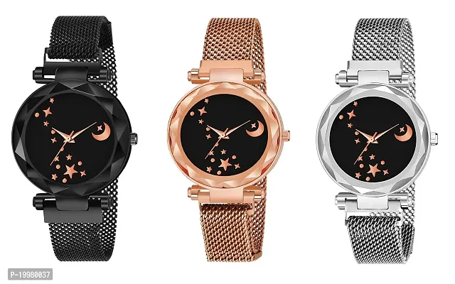 KIARVI GALLERY Analogue Gold Black  Silver Pack of 3 Magnetic Metal Strap Girl's and Women Watch(Black Gold and Silver Pack of 3) (Black-Gold-Silver-Chand)