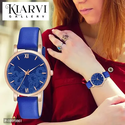 KIARVI GALLERY Analogue Flower Dial Unique Designer Leather Strap Women's and Girl's Watch (Blue)-thumb5