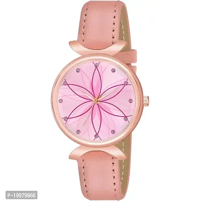 KIARVI GALLERY Analogue Star Flower Dial Designer Leather Strap Women's and Girl's Watch (Peach)