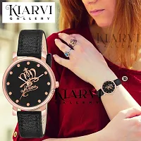 KIARVI GALLERY Analogue Crown Princess Dial Unique Designer Leather Strap Women's and Girl's Watch (Black)-thumb3