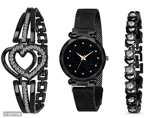 KIROH Branded Black 12 Dimond Dial Magnet Strap Analog Watch for Girls or Women and 2 Present Gift Bracelet Combo for Girls and Women(Combo of 3)