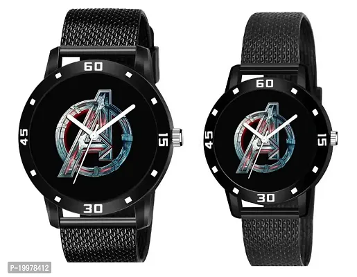 KIARVI GALLERY Analogue Couples Avengers Dial PU Strap Men's and Women's Couple Watch(Combo, Pack of 2) (Black) (Black)