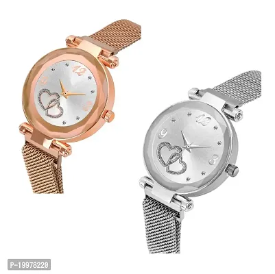 KIARVI GALLERY Rose Gold and Silver Heart Dial Designer with Magnetic Metal Strap Analog Watch for Girl's and Women (Pack of 2) (Rose Gold and Silver)-thumb2